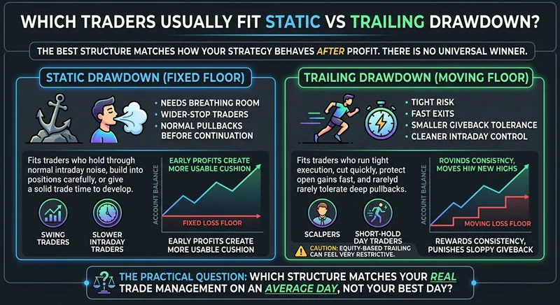Which traders usually fit static vs trailing drawdown