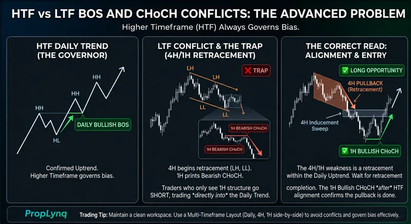 HTF vs LTF BOS and CHoCH Conflicts — The Advanced Problem