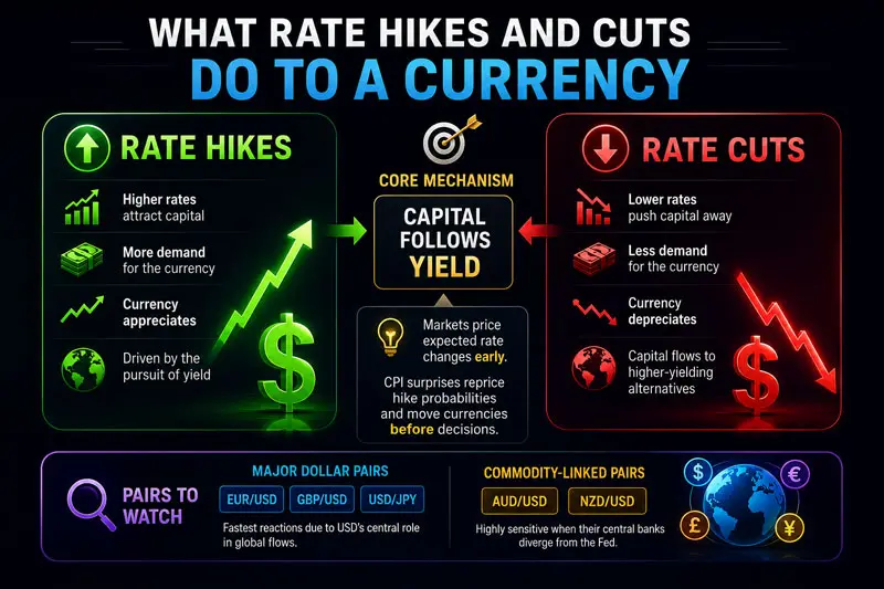 Infographic explaining how rate hikes can strengthen a currency, rate cuts can weaken it, and why markets often react to expected rate changes before official central bank decisions.
