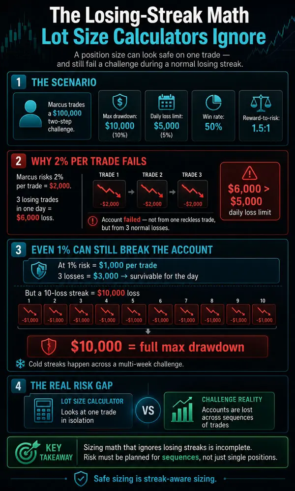 Infographic explaining how losing streaks can breach prop trading challenge drawdown limits even when each trade follows standard lot size calculator risk rules.