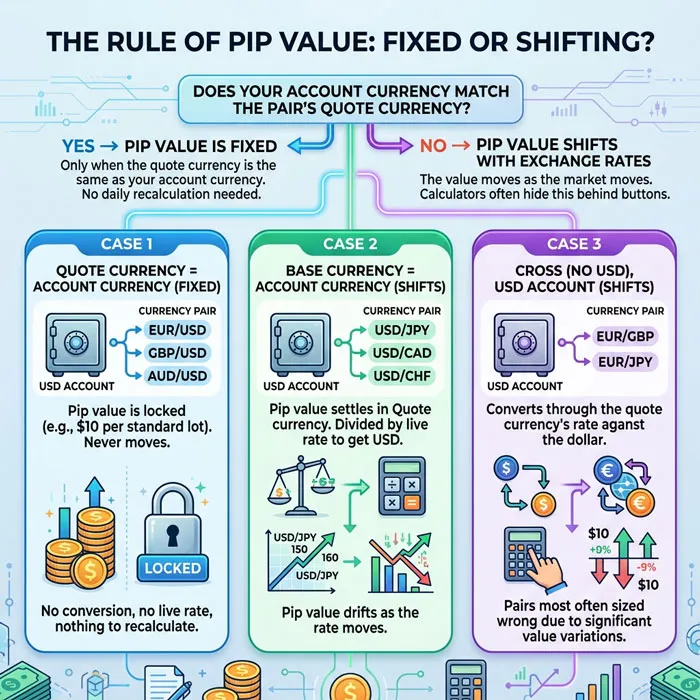 The rule that decides whether pip value is fixed or moves